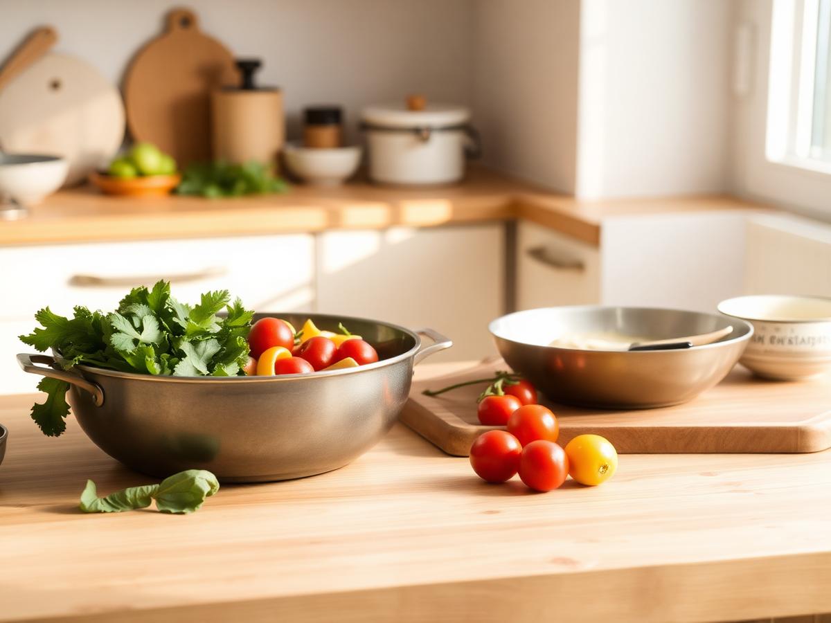 Fresh ingredients prepared on a sunlit kitchen counter